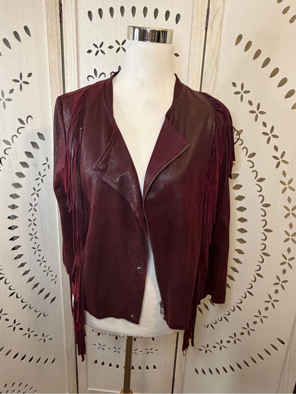 Cleobella Everly Fringe Leather Moto Jacket - Burgundy